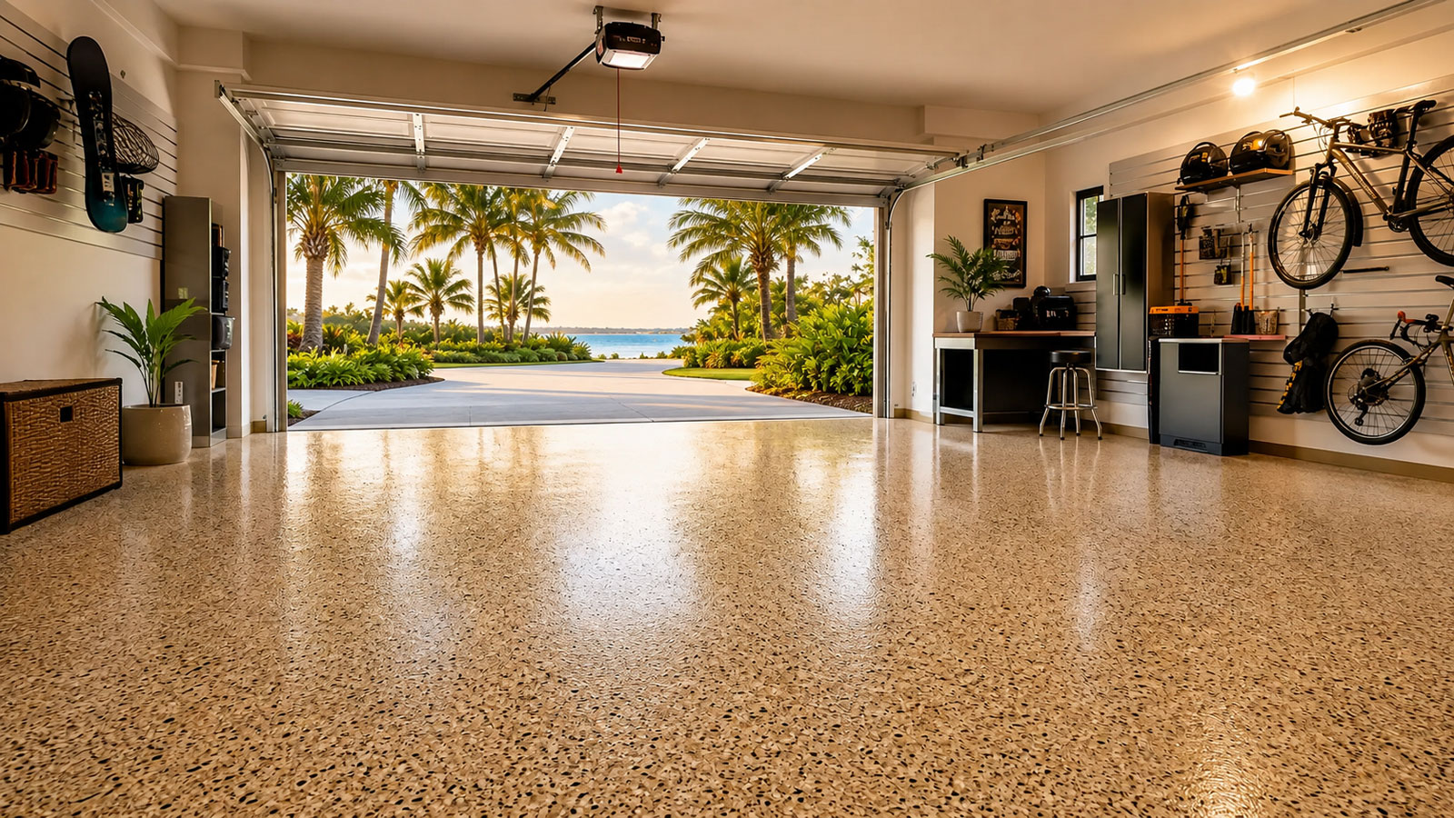 Residential garage with a professionally installed decorative flake floor coating